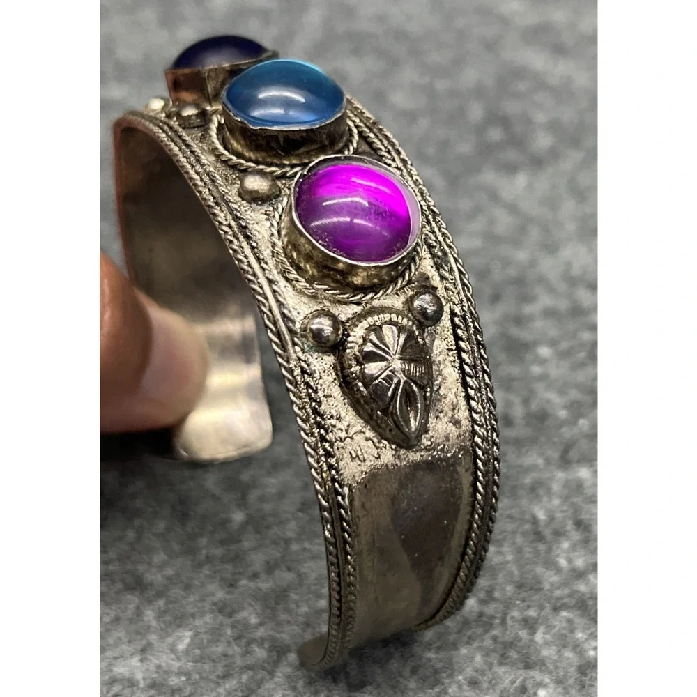Vintage Tibetan Silver Cuff Bracelet Blue Purple Cabochon Glass Ethnic Bohemian